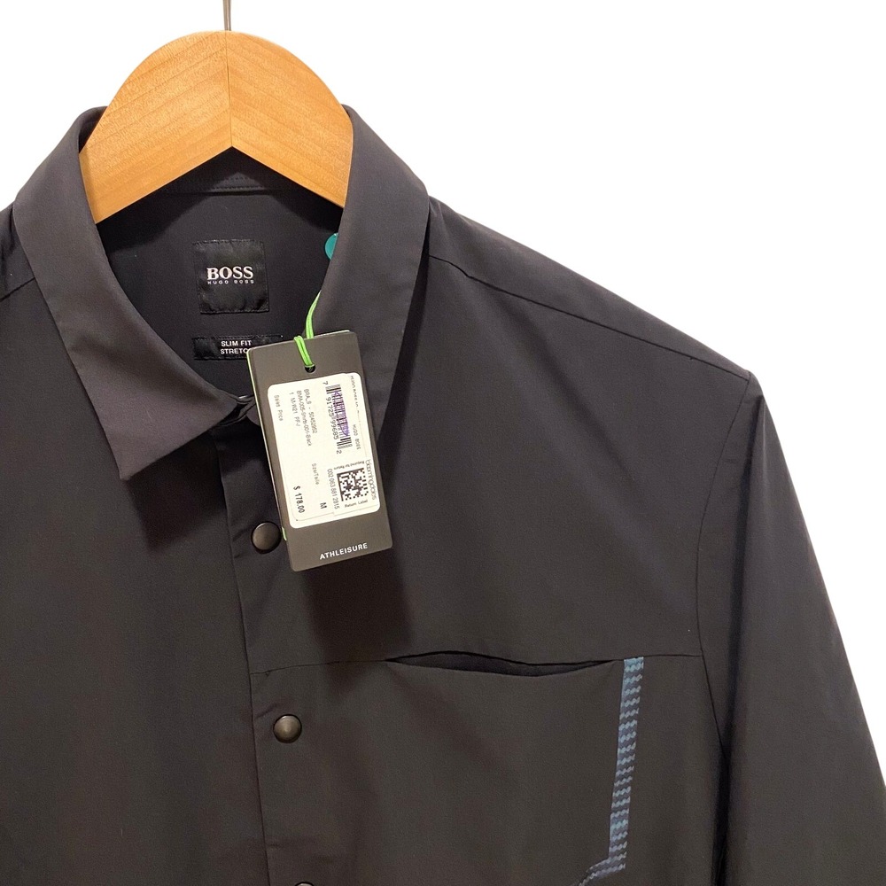 Hugo Boss Athleisure Slim Fit Stretch Shirt Black Snap Front 50452852 Mens M